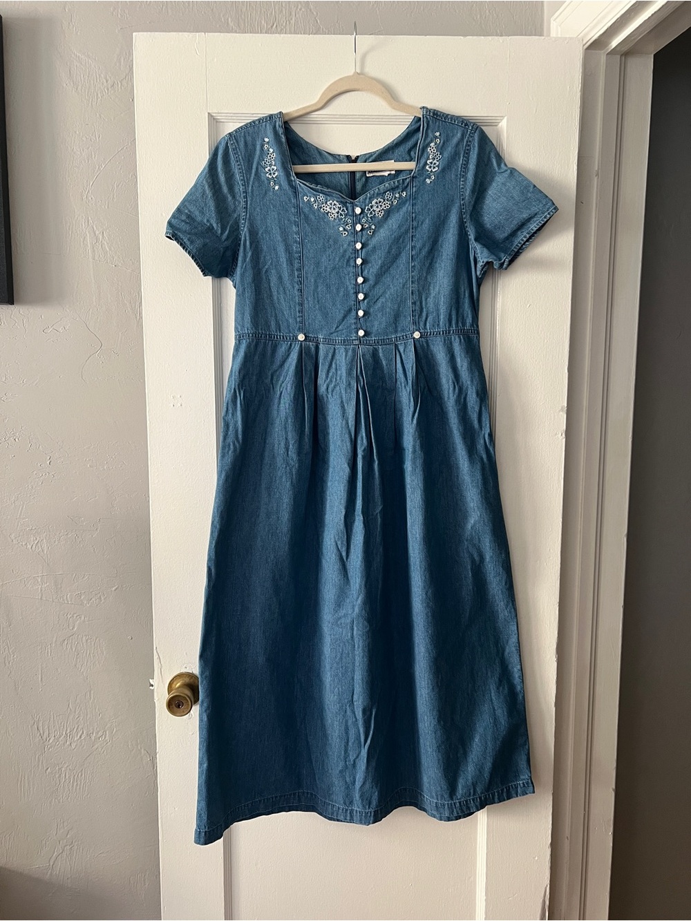 Vintage Denim Midi Dress with Embroidered Details